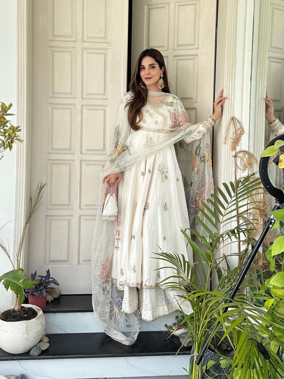 Elegant Chinon Gown Set with Embroidered Organza Dupatta