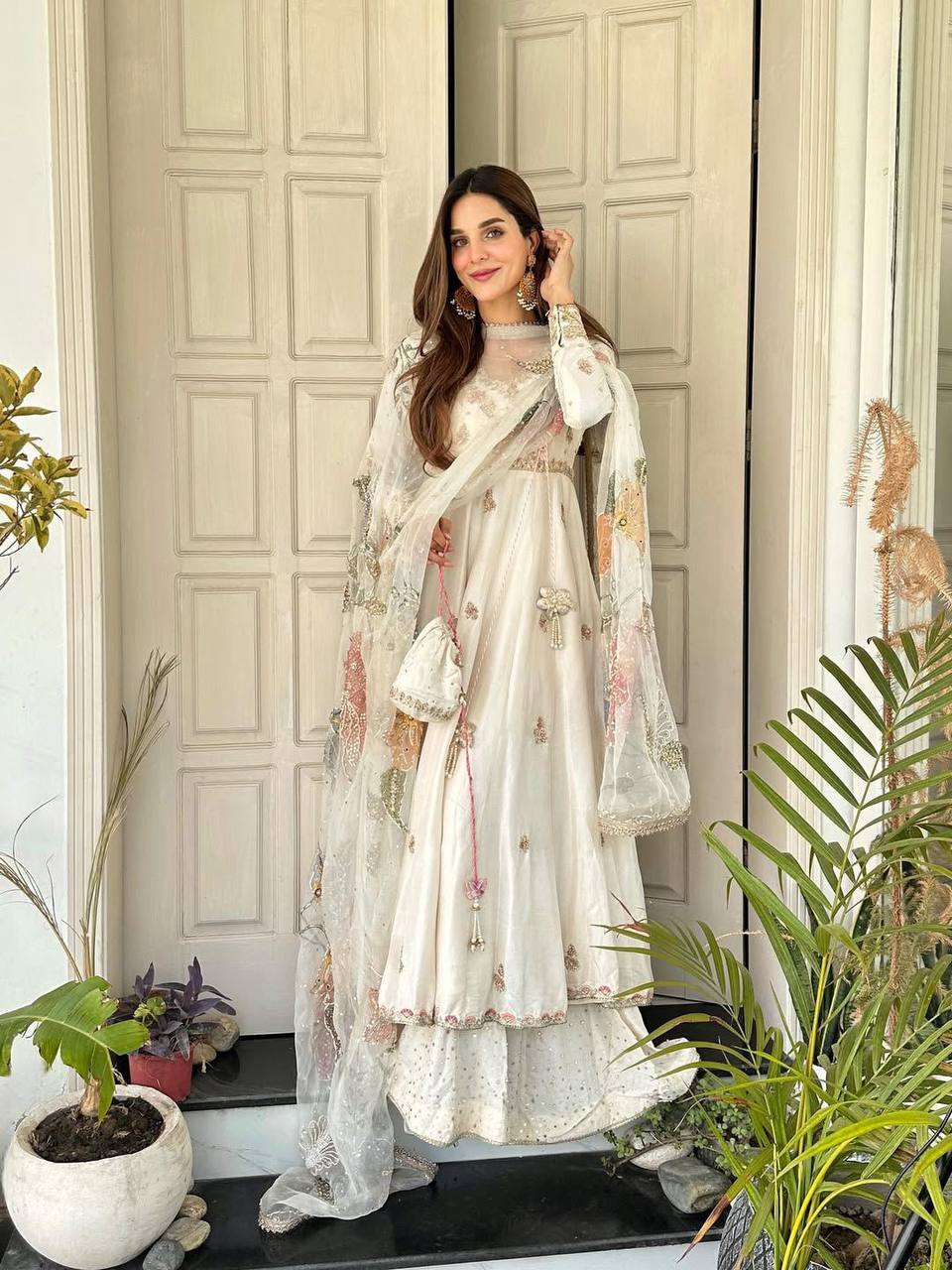 Elegant Chinon Gown Set with Embroidered Organza Dupatta