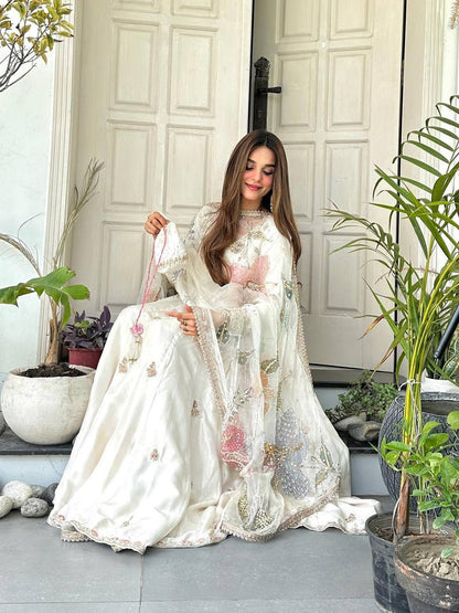 Elegant Chinon Gown Set with Embroidered Organza Dupatta