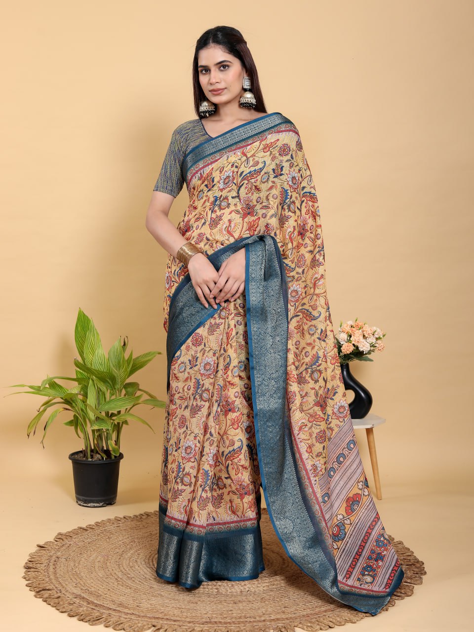 Artistic Mustard & Blue Floral Linen Saree