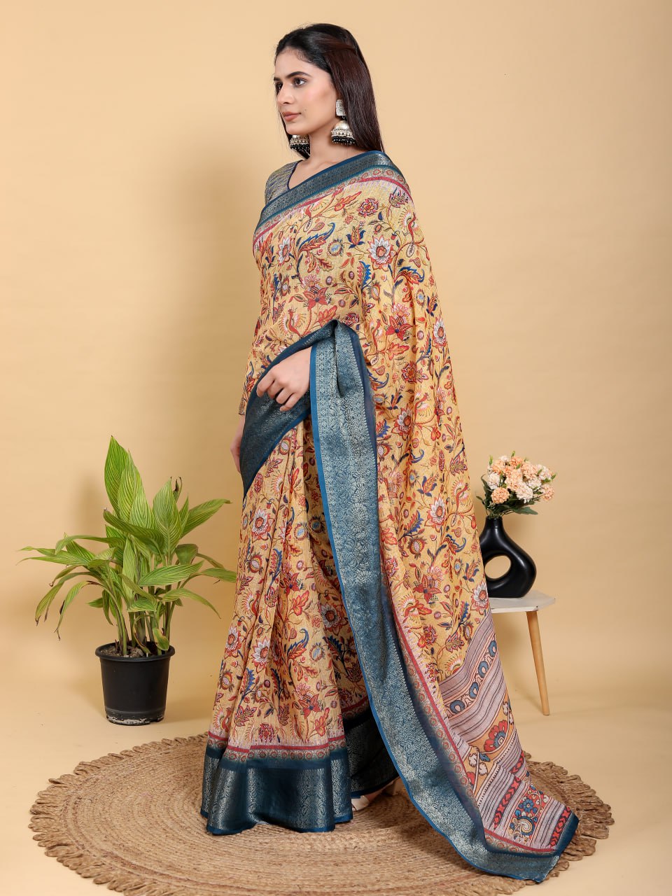 Artistic Mustard & Blue Floral Linen Saree