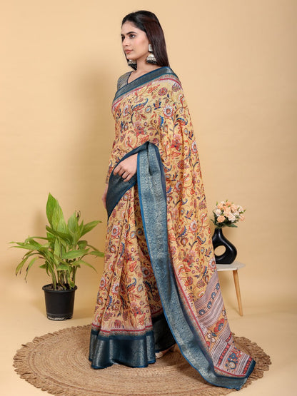 Artistic Mustard & Blue Floral Linen Saree