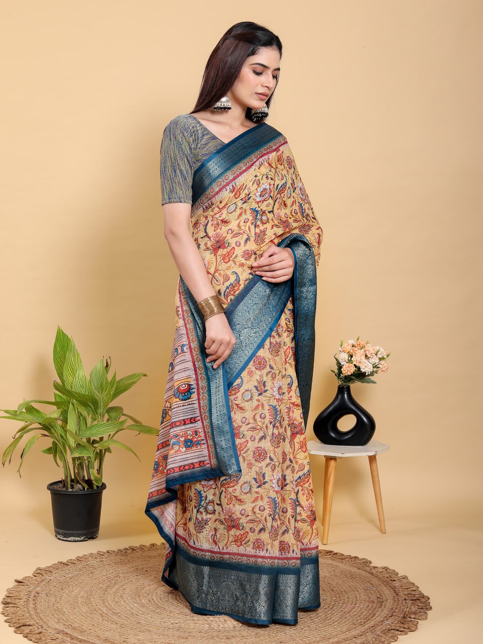 Artistic Mustard & Blue Floral Linen Saree