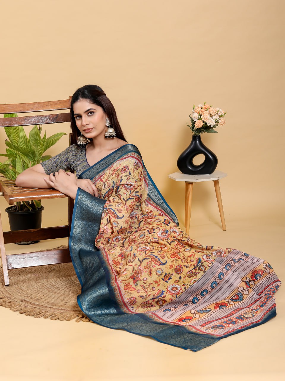 Artistic Mustard & Blue Floral Linen Saree