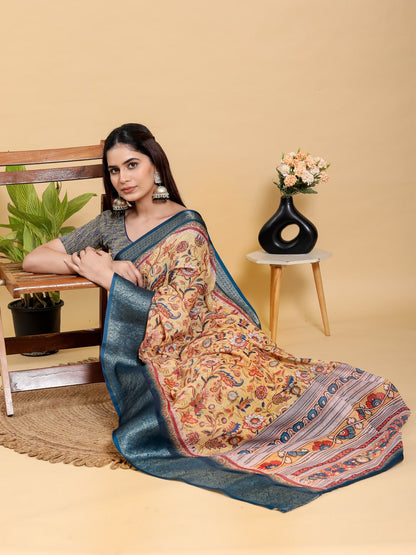 Artistic Mustard & Blue Floral Linen Saree