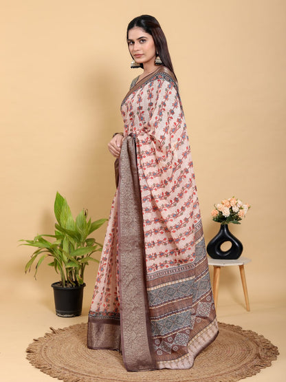 Beige Floral Print Linen Cotton Saree
