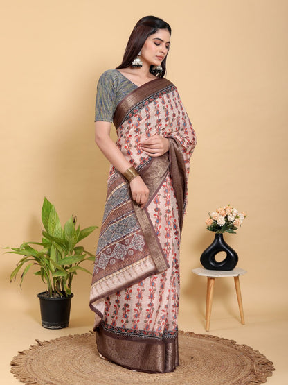 Beige Floral Print Linen Cotton Saree