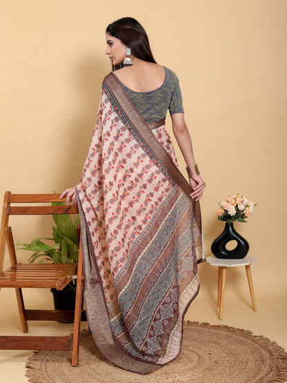 Beige Floral Print Linen Cotton Saree