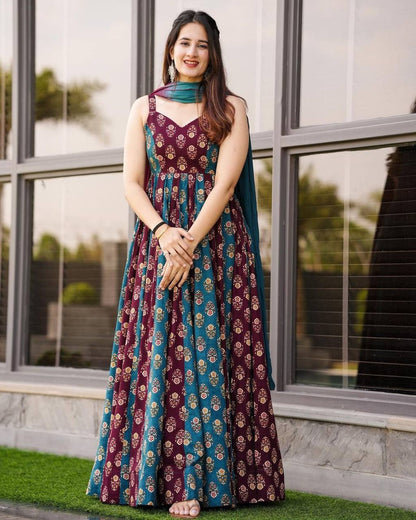 Gemini said Regal Wine & Teal Floral Digital Print Muslin Gown