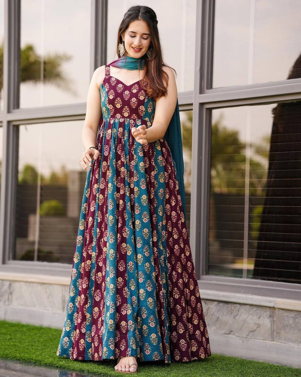 Gemini said Regal Wine & Teal Floral Digital Print Muslin Gown