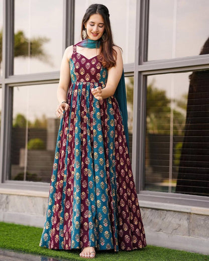 Gemini said Regal Wine & Teal Floral Digital Print Muslin Gown