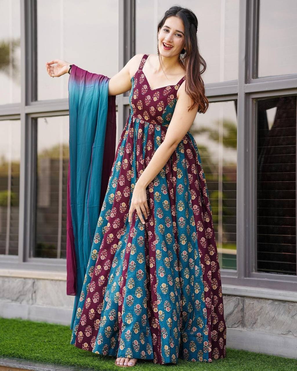 Gemini said Regal Wine & Teal Floral Digital Print Muslin Gown