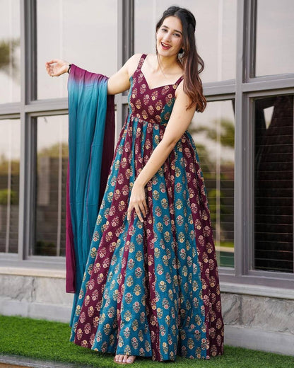 Gemini said Regal Wine & Teal Floral Digital Print Muslin Gown