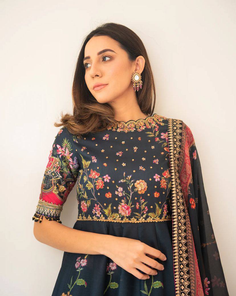 Midnight Bloom Floral Digital Print Anarkali And Pant Set