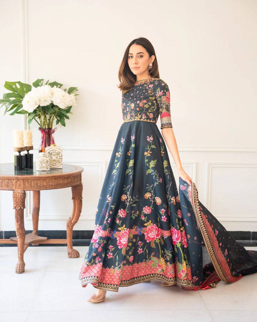 Midnight Bloom Floral Digital Print Anarkali And Pant Set