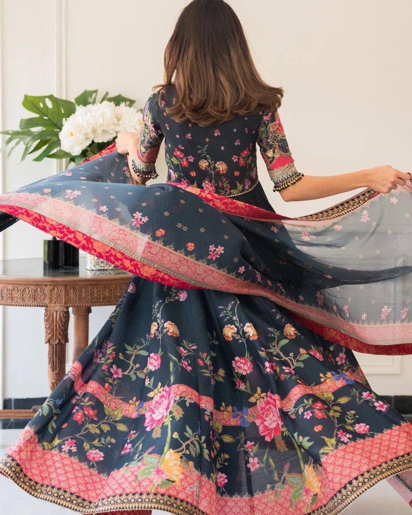 Midnight Bloom Floral Digital Print Anarkali And Pant Set