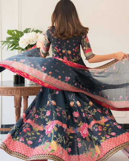 Midnight Bloom Floral Digital Print Anarkali And Pant Set
