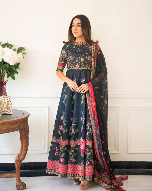Midnight Bloom Floral Digital Print Anarkali And Pant Set