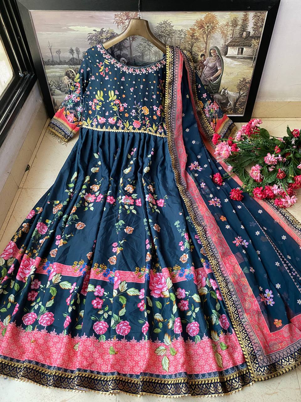 Midnight Bloom Floral Digital Print Anarkali And Pant Set