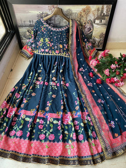 Midnight Bloom Floral Digital Print Anarkali And Pant Set