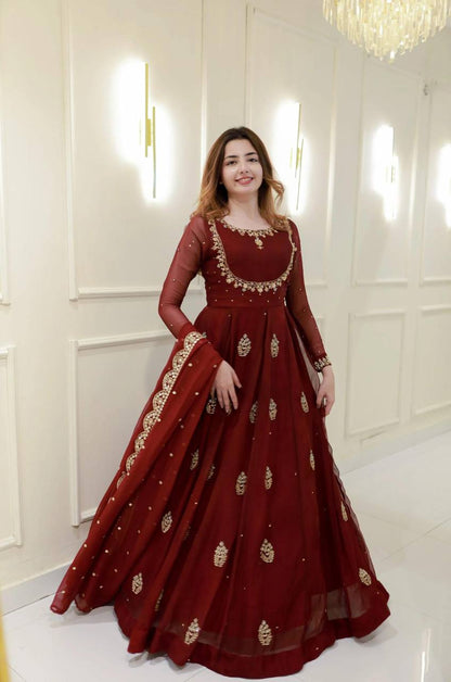 Banarashe Luxury: Maroon Chinon Embroidered Gown Set
