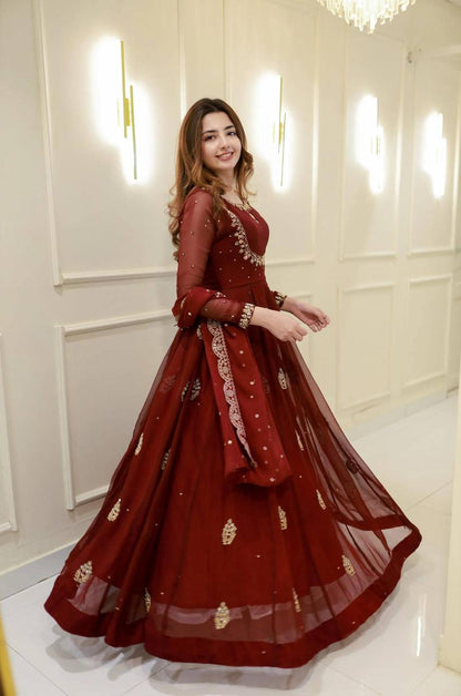 Banarashe Luxury: Maroon Chinon Embroidered Gown Set