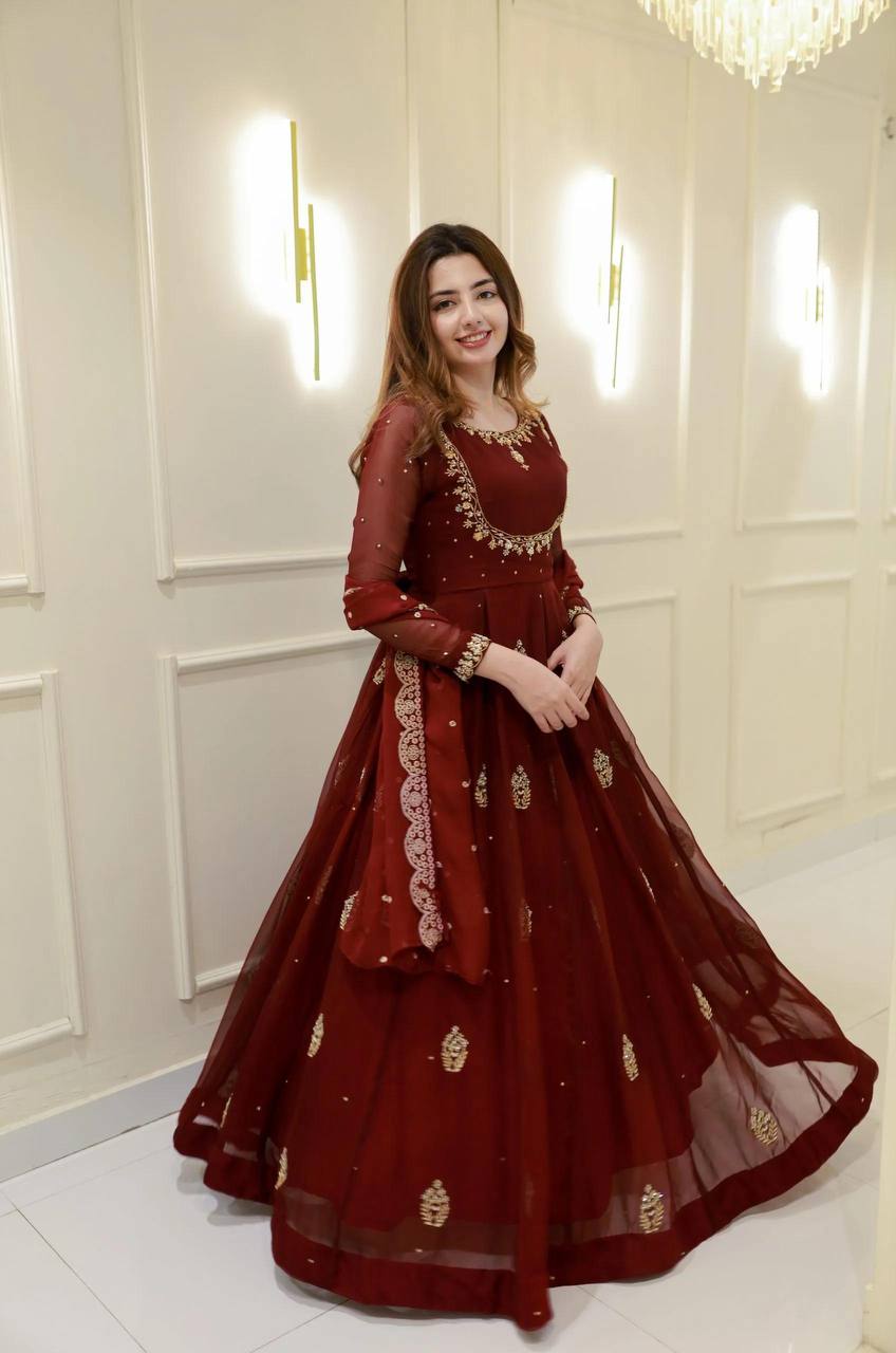 Banarashe Luxury: Maroon Chinon Embroidered Gown Set
