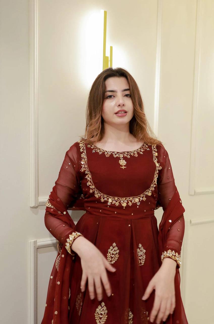 Banarashe Luxury: Maroon Chinon Embroidered Gown Set