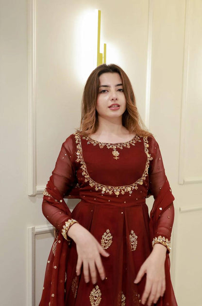Banarashe Luxury: Maroon Chinon Embroidered Gown Set
