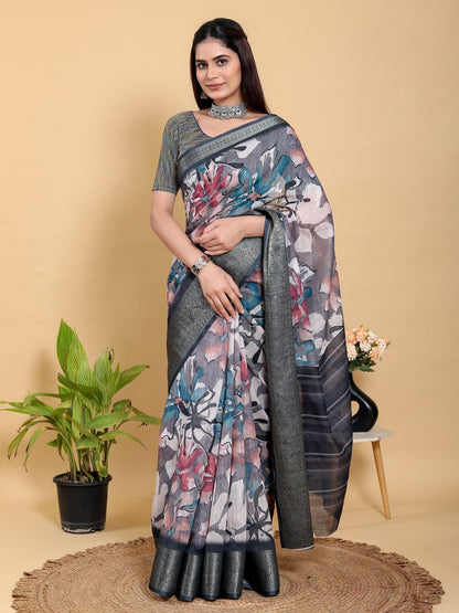 Abstract Grey & Black Floral Linen Cotton Saree