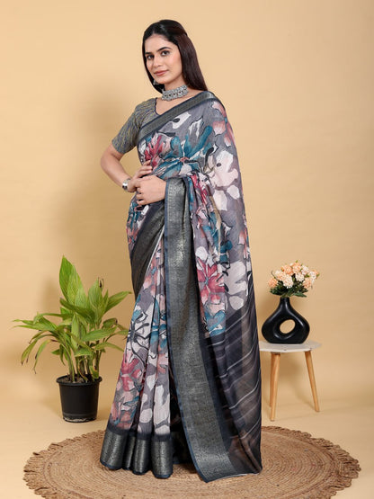 Abstract Grey & Black Floral Linen Cotton Saree