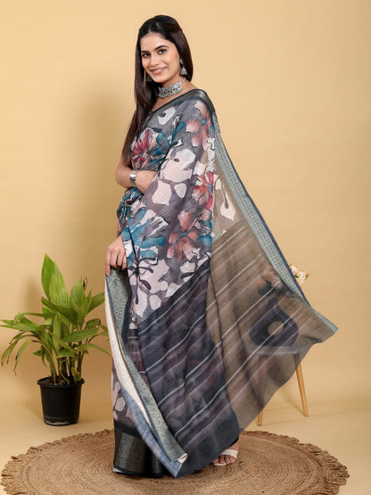 Abstract Grey & Black Floral Linen Cotton Saree