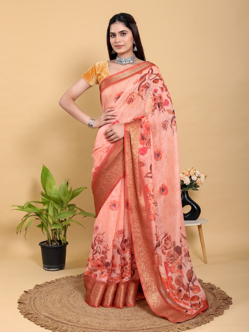 Peach Orange Floral Print Linen Cotton Saree