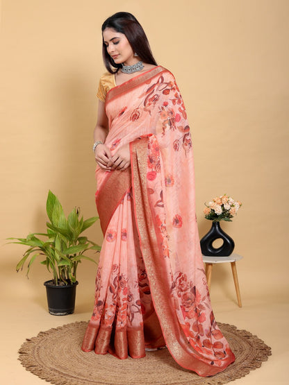 Peach Orange Floral Print Linen Cotton Saree