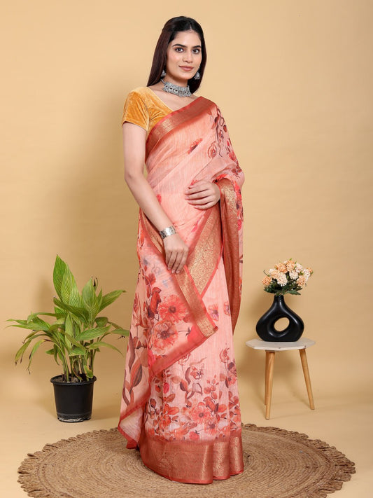 Peach Orange Floral Print Linen Cotton Saree