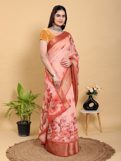 Peach Orange Floral Print Linen Cotton Saree