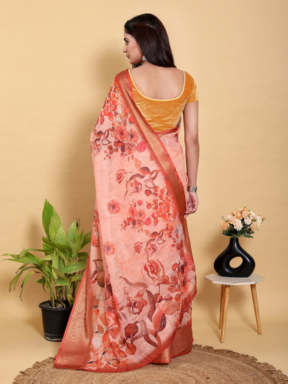 Peach Orange Floral Print Linen Cotton Saree