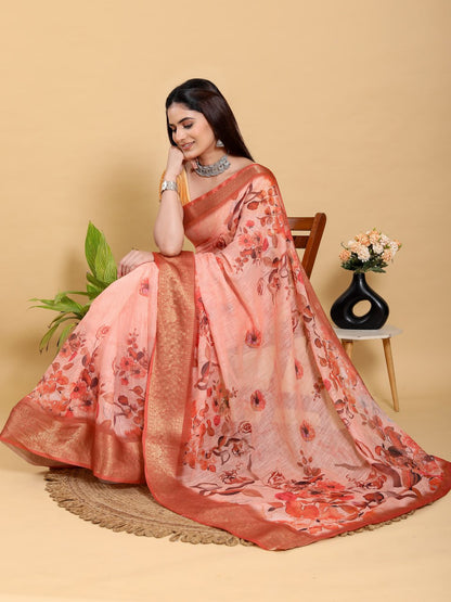 Peach Orange Floral Print Linen Cotton Saree