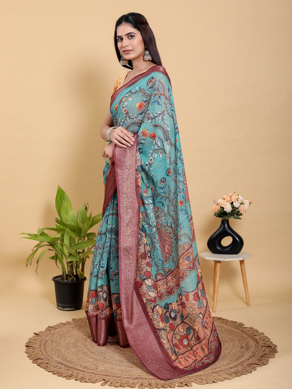 Aqua Teal Peacock Print Linen Cotton Saree