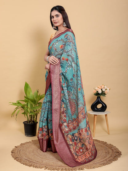 Aqua Teal Peacock Print Linen Cotton Saree