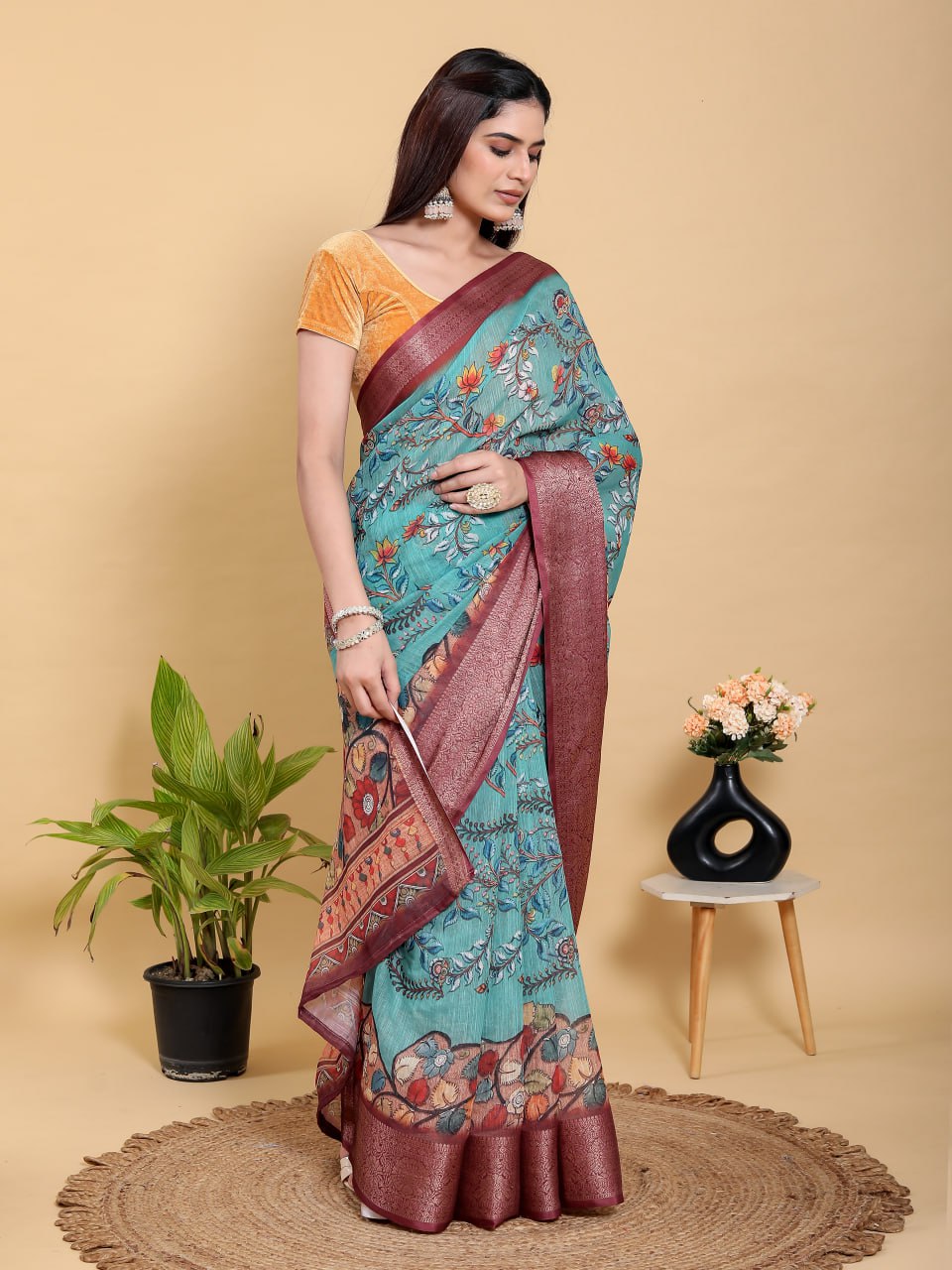 Aqua Teal Peacock Print Linen Cotton Saree