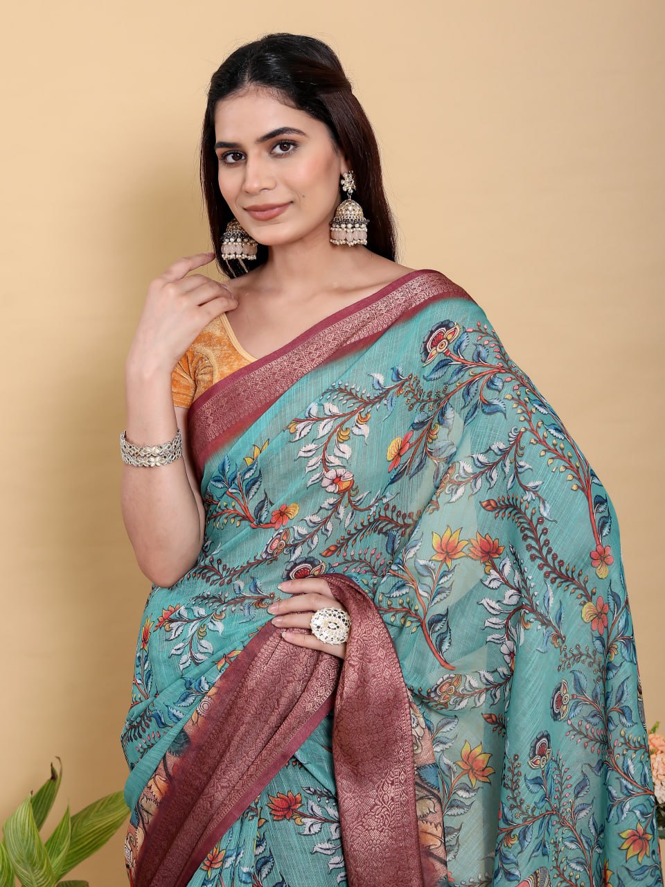 Aqua Teal Peacock Print Linen Cotton Saree