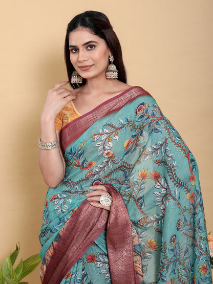 Aqua Teal Peacock Print Linen Cotton Saree