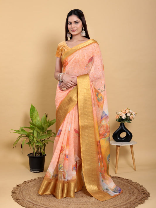 Abstract Peach & Gold Floral Linen Cotton Saree