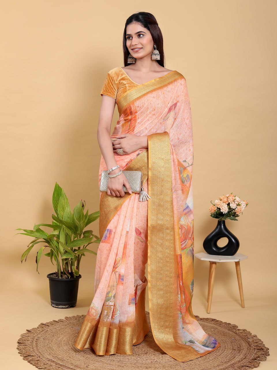Abstract Peach & Gold Floral Linen Cotton Saree