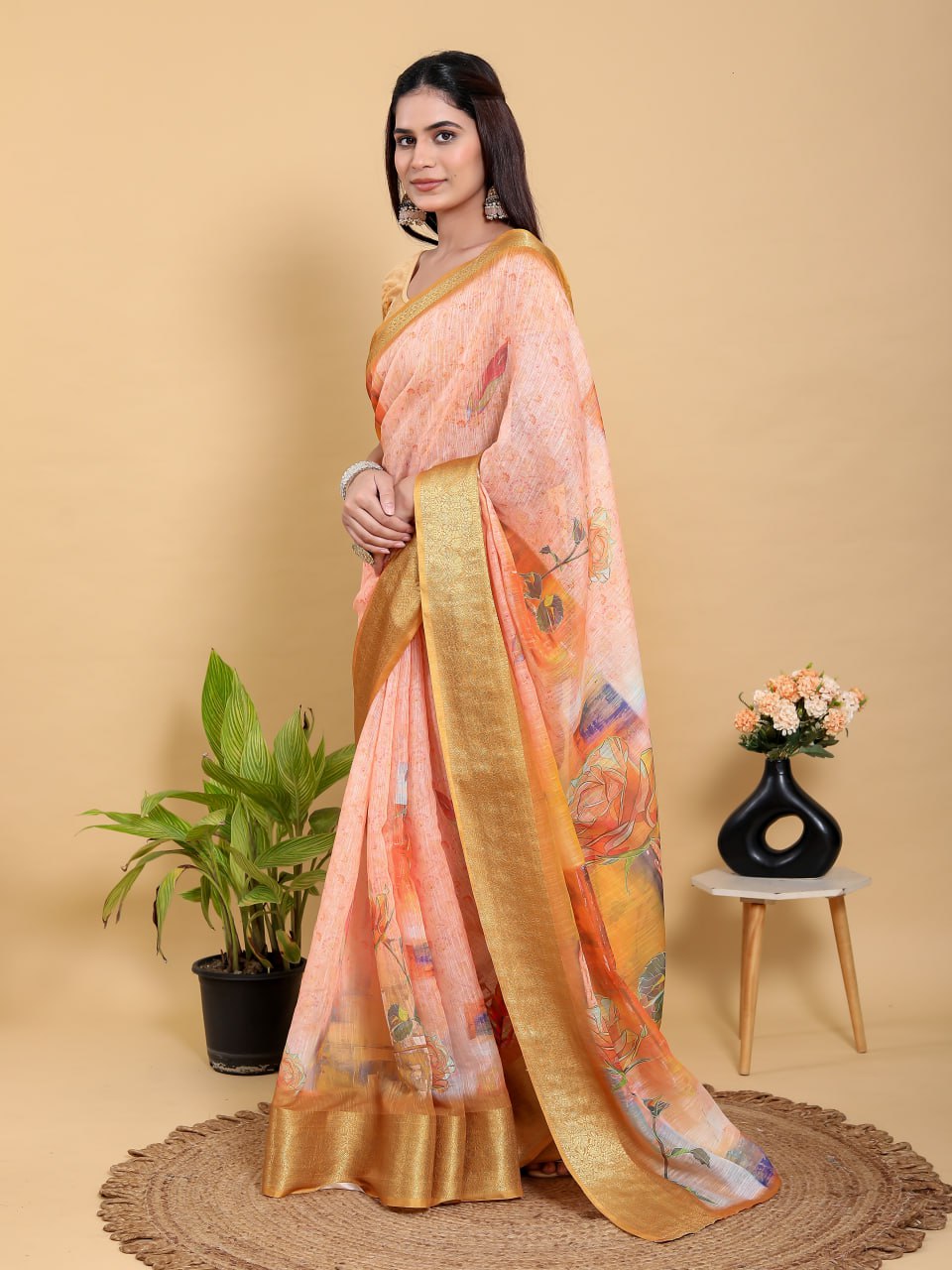 Abstract Peach & Gold Floral Linen Cotton Saree