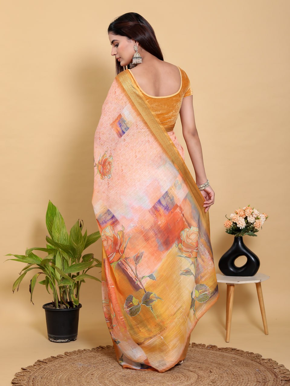 Abstract Peach & Gold Floral Linen Cotton Saree