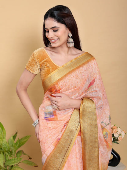 Abstract Peach & Gold Floral Linen Cotton Saree