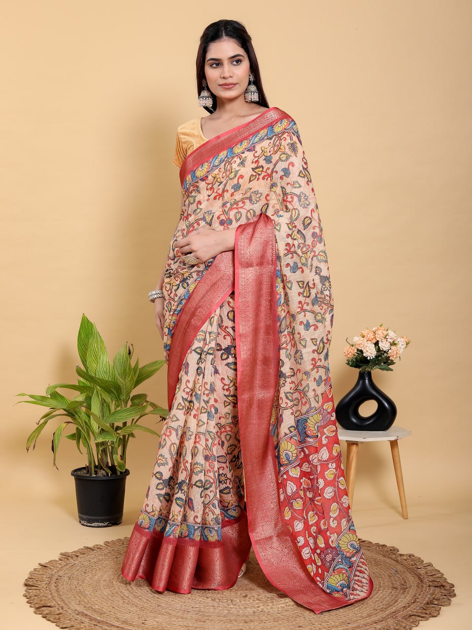 Artistic Kalamkari Print Linen Cotton Saree with Zari Border