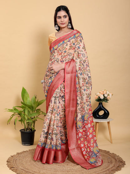 Artistic Kalamkari Print Linen Cotton Saree with Zari Border